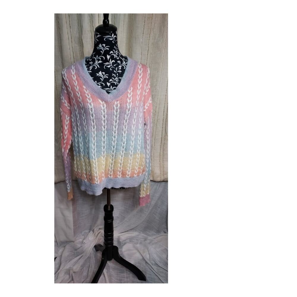 Shein Ombre V Neck Cable Knit Drop Shoulder Sweater Size Large